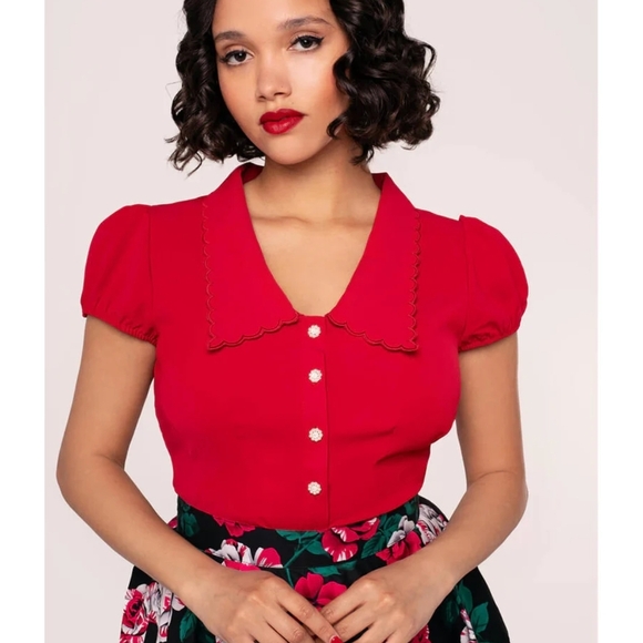 Hell Bunny Tops - Hell Bunny Cherry Red Scalloped Blouse